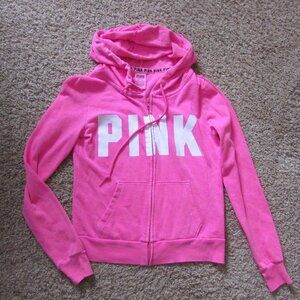 Pink Victoria's Secret XS Pink Full Zip Hoodie Sweatshirt White Logo